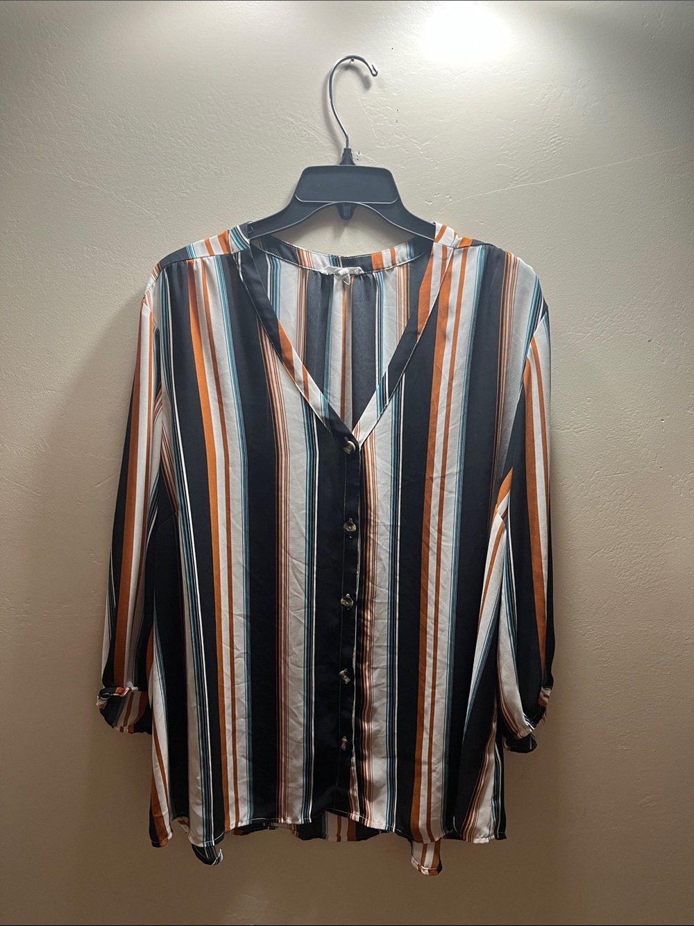 Striped V-Neck Button Front Shirt - Black & Brown